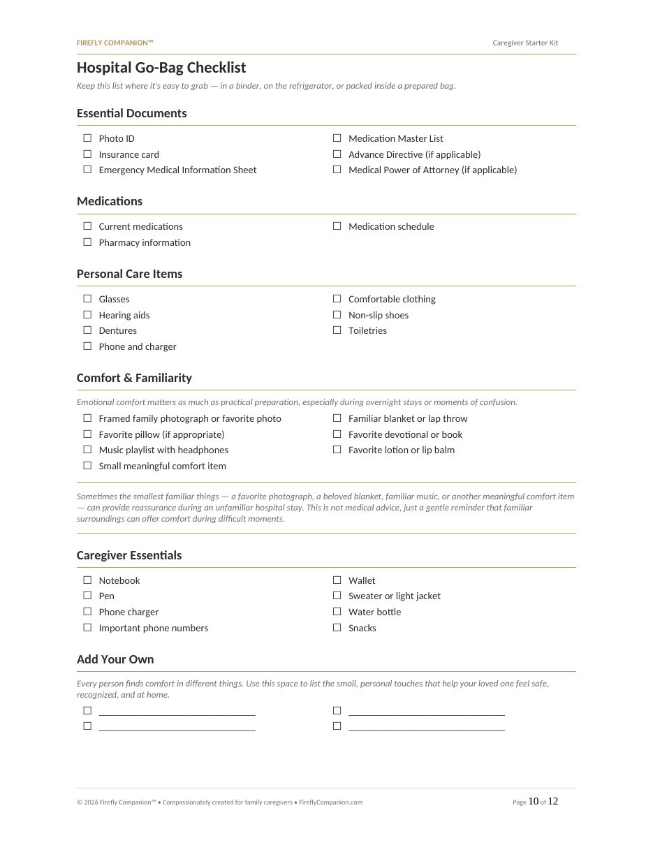 Sample page: Hospital Go-Bag Checklist