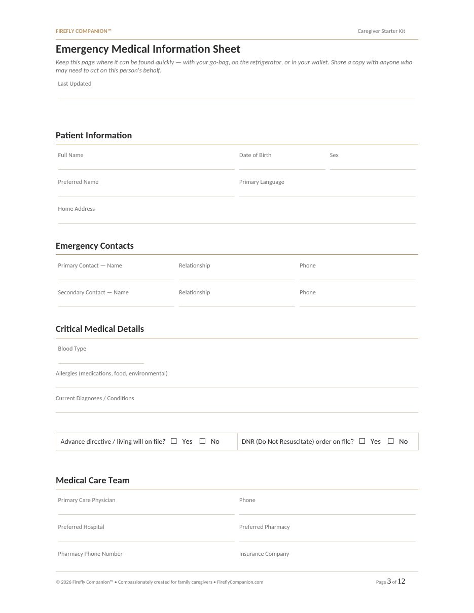 Sample page: Emergency Medical Information Sheet