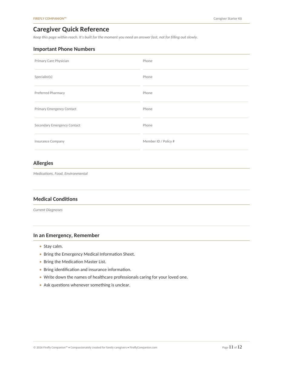 Sample page: Caregiver Quick Reference