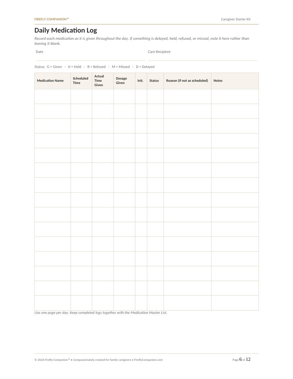 Sample page: Daily Medication Log